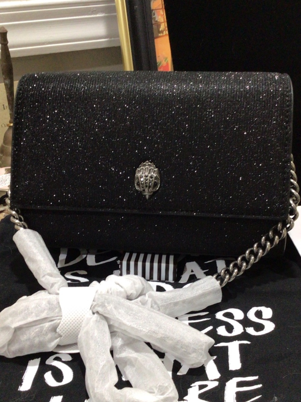 Kurt Geiger London Black Glitter Crossbody & Clutch Bag with Silver Chain